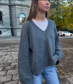 Go-to Sweater – Dreamknit Low V Neck Sweater Outfit, Layer V Neck Sweater, Outfits Knit Sweater, V Neck Grey Sweater Outfit, Styling A V Neck Sweater, V Neck Sweater With Shirt Underneath, Cream V Neck Sweater Outfit, V Neck Oversized Sweater, Sweaters For Winter