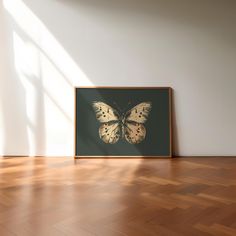 a framed photograph of a butterfly on a wall in an empty room with hard wood flooring