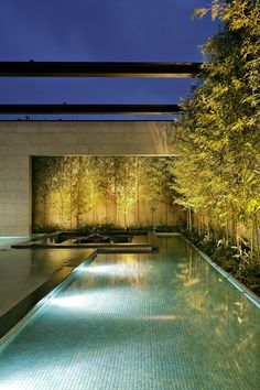 an outdoor swimming pool surrounded by greenery and trees at night with the lights on