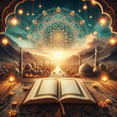 an open book sitting on top of a rug in front of a sky filled with lights