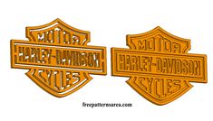 two orange harley davidson motorcycles emblems on a white background with the words harley davidson and harley davidson cycles