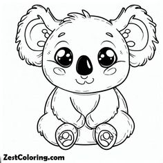 a cute koala bear with big eyes sitting down on the ground coloring pages for kids,