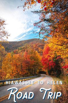 the road is surrounded by colorful trees and leaves with text that reads, hiawasee to helmen road trip