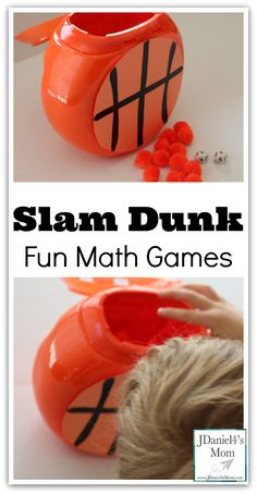 a close up of a child's hand near an orange plastic object with the words slam dunk fun math games