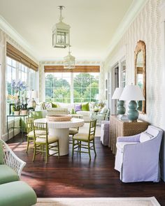 a living room filled with lots of furniture and decor on top of a hard wood floor