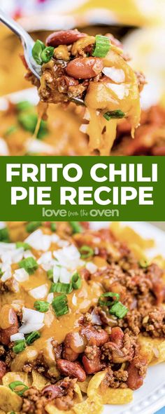 the cover of frito chili pie recipe on a plate with a fork in it