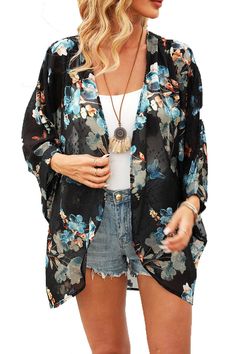 PRICES MAY VARY. Material: Polyester, Chiffon，lightweight and software. Match well with jeans and T-shirts or vest,as a cute coat over a long t shirt dress,tie it up or free flowing.Fun to create different style for wear. Style: Cute Bohemia floral print, Open Front, bat sleeve, loose fit, boho style, Shawl sheer chiffon kimono, match for bikini, swimwear, beachwear or any summer dress and shorts. Womens Summer tops like this kimono cardigans, open front coverups, Dress as shawl has a bit of giv Modern Bohemian Style Clothing, Long T Shirt Dress, Long Tshirt Dress, Loose Kimono, Chiffon Cardigan, Chiffon Kimono, Cute Coats, Bat Sleeve, Shorts Womens