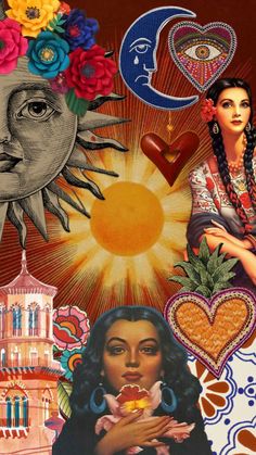 an artistic collage with images of women, sun, and other things in the background