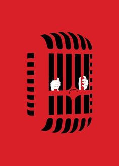 a red background with black bars and two hands in the jail cell, on top of each other