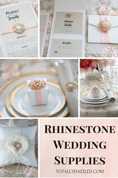 the wedding supplies are displayed in this collage with pink, white and gold accents