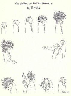 a drawing of people holding flowers and pointing at the same person with one hand on his hip