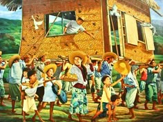 a painting of people standing in front of a house