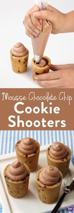 chocolate chip cookie shooters on a white plate with text overlay that reads, mouse's chocolate chip cookie shooters