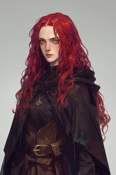 a woman with red hair wearing a black cloak