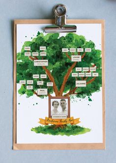 a family tree is hanging on a clipboard