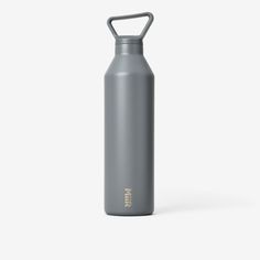 a stainless steel water bottle on a white background with the lid open and handle extended