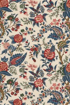 a floral wallpaper with blue and red flowers