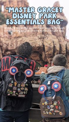 two people sitting on a bench with backpacks over their backs and the words disney park essentials bag