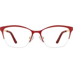 Amp up your eyewear wardrobe with these colorful half-rim rectangles. The medium-narrow metal eyeglasses comes in two color options: bright red brow with blush/red/pale pink temple arms and red acetate temple tips; black brow with gray/black/cream temple arms and black acetate temple tips. Adjustable nose pads provide a comfortable fit. | Zenni Women's Cat-Eye Prescription Eyeglasses Red Metal Prescription Glasses For Women Zenni, Red Eye Glasses, Pink Glasses Frames Zenni, Red Frame Glasses, Zenni Optical Glasses Woman Rectangle, Black Brows, Metal Eyeglasses, Eye Prescription, Rectangle Eyeglasses