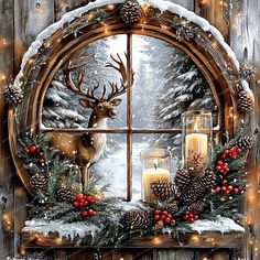 a christmas scene with candles and deer in front of an open window, surrounded by pine cones