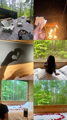 a collage of photos showing the inside of a cabin with fire pit and bed