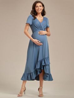 Step into motherhood in style with this stunning Ruffles High Low Hemline V-Neck dress, designed to make you feel like the goddess you are. Made with high stretch material to accommodate your growing bump, this dress features beautiful ruffle detailing and a contemporary high-low hemline that exudes sophistication and elegance. Make a statement at your next formal event or photo shoot and feel confident and chic in this fabulous maternity dress! Elegant Maternity Dresses, Stunning Bridesmaid Dresses, Pregnancy Wardrobe, Ever Pretty, Dress Dusty, The Goddess, Maternity Dress, Custom Dresses, Lining Fabric