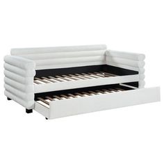 the bed frame is white and has two pull out drawers on each side, while the bottom