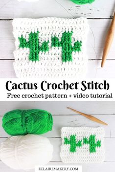 crochet pattern with the words cactus in green and white on it, next to yarn