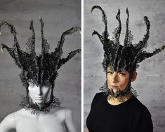 Elevate your style with this captivating Gothic Fantasy Headpiece, a masterful fusion of avant-garde fashion and dark elegance. Meticulously handcrafted, this unique headpiece features an intricate lattice design that mimics the organic flow of twisted branches and claws, creating a hauntingly beautiful crown-like structure. The black, matte finish enhances its dramatic appearance, making it the perfect accessory for those who dare to stand out. Whether you're preparing for a high-fashion photos Avant Garde Photoshoot, Fantasy Mask, Crown Dark, Twisted Branches, High Fashion Photoshoot, Avant Garde Hair, Dark Elegance, Photoshoot Fashion, Lattice Design