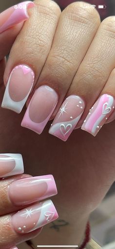 Painted Fingernails Ideas, Pink Hearts Nail Designs, Pale Pink Nails With Design, Pink Nail Designs 2024, Pale Pink Nails With Heart, Pink Nails Hearts Valentines Day, Summer Nail Designs 2024 Pink, Pale Pink Nails, Pink Tip Nails