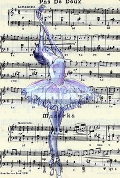 an old sheet music with a ballerina in the middle and musical notes on it