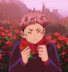 an anime character with pink hair holding a piece of red material in front of flowers