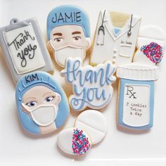 decorated cookies that say thank you and include doctor's hats, stethoscopes