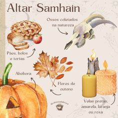 a poster with different types of autumn items in spanish and english, including pumpkins