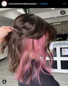 Lower Hair Dyed, Under Hair Dye On Brown Hair, Light Pink Underneath Hair Dark Brown, Short Pink Peekaboo Hair, Under Neath Hair Color Ideas, Medium Brown Hair With Peekaboo Color, Bubblegum Pink Peekaboo Hair, Under Dyed Hair Red And Brown, Highlights With Color In Between