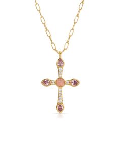 Paper clip chain holding cross pendant with pink opal in the middle with 10 whites stones creating a cross shape with pink opal on the ends. Pink Cross Necklace, Cross Chain, Jewelry Fashion Trends, Cute Necklace, Cross Jewelry, Jewelry Inspo, Pink Opal, Silver Roses, Paper Clip