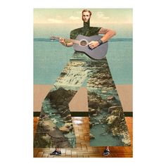 a man with a guitar standing in front of a painting that looks like he is playing the guitar