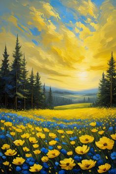 a painting of yellow and blue flowers in a field with pine trees on the other side