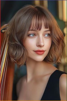 She has a trendy, shoulder-length bob haircut. The hair has gentle waves and light, feathery bangs that nicely frame her face. - Click to see more of 30 Stunning Hair Transformations to Inspire Your Look This Year and follow us for more hairstyle ideas. Grow Out Bangs, Feathery Bangs, 13 Hairstyles, Messy Bob Haircut, Shoulder Length Bob Haircut, Haircuts Trendy, Bang Hairstyles, Growing Out Bangs, Wavy Bob Haircuts