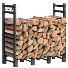 a stack of logs sitting next to each other in front of a metal rack filled with wood