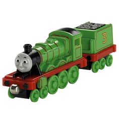 a thomas the tank engine toy is green and red with black trims on it's sides