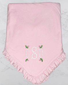 Personalized monogrammed baby blanket featuring initials surrounded by four rose petals. Blanket is constructed of 2 ply 6 plus ounces of 100% combed cotton.Approximately 30 x 30 inches and features a ruffled edge binding. Super soft, and grows softer with each washing. Rose buds and initials can be any color you like, just mention in notes to seller. Thanks Monogram Baby Girl, Baby Girl Blanket, Girl Blanket, Pink Monogram, Baby Monogram, Stroller Blanket, Personalized Embroidered, Swaddle Blanket