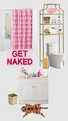 the bathroom is decorated in pink and gold