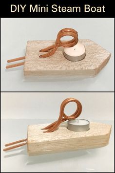 two pictures showing how to make a miniature steam boat out of plywood and wire