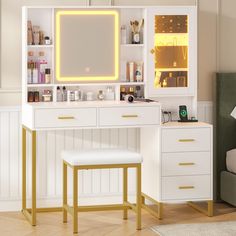 a white vanity with lighted mirror and stool next to it in a room that has wood flooring