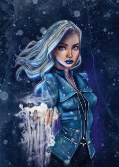 a painting of a woman with blonde hair and blue eyes holding a white umbrella in the snow