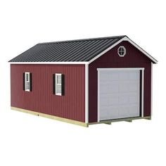 a red and white garage with a black roof