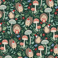 hedges and mushrooms on green background