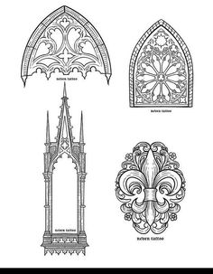 four different types of architectural designs in black and white, each with an ornate design