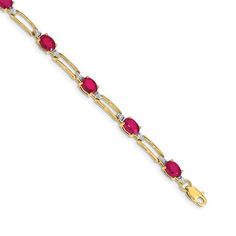 14KT Yellow Gold Ruby & Diamond Bracelet. The Bracelet Features 5.40 Carats Of Oval Round Ruby's & 0.04 Carats Total Weight Of Round Diamonds. The Bracelet is 7.25 Inches Long. Gold Ruby Bracelets For Formal Occasions, Formal Ruby Bracelets In Gold, Formal Gold Bracelets With Ruby, Yellow Gold Ruby Diamond Jubilee Bracelet, Gold Ruby Bracelet In Fine Jewelry Style, Gold Ruby Bracelets In Fine Jewelry Style, Ruby Tennis Bracelet In Yellow Gold For Anniversary, Fine Gold Ruby Bracelet, Yellow Gold Ruby Tennis Bracelet For Anniversary